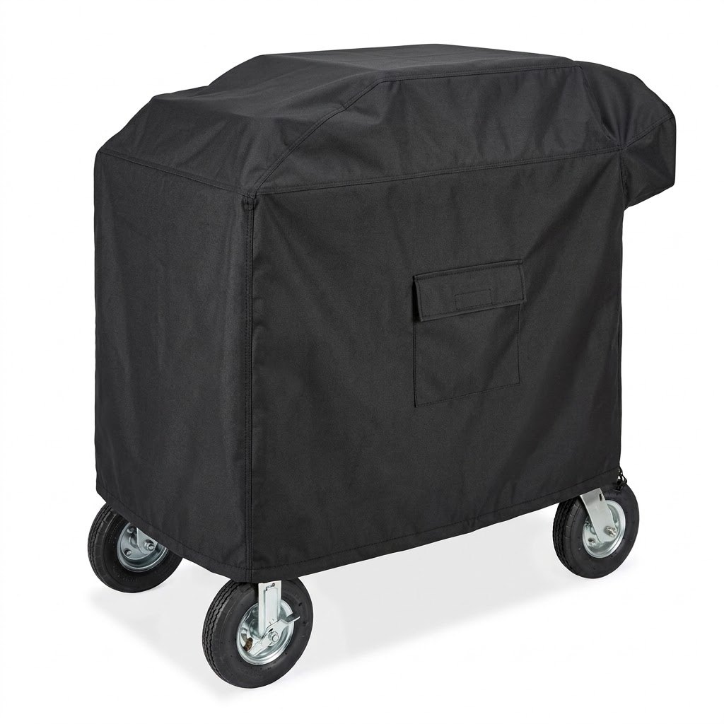 Utility cart with a fitted black cover on large pneumatic wheels