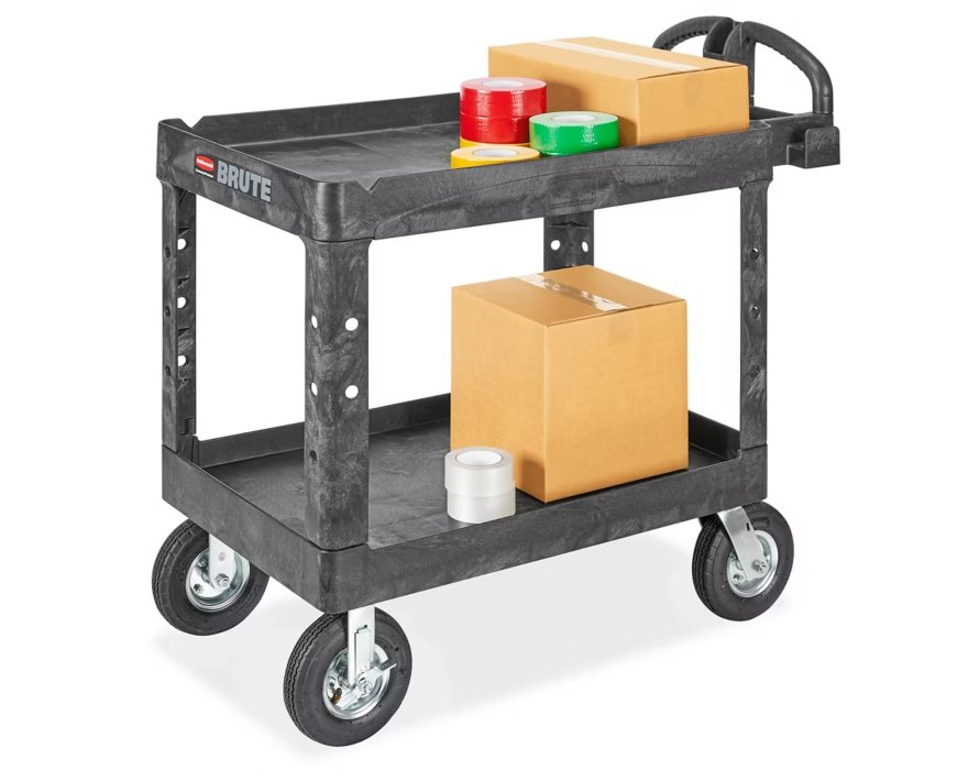 Rubbermaid BRUTE two-shelf utility cart with large pneumatic wheels
