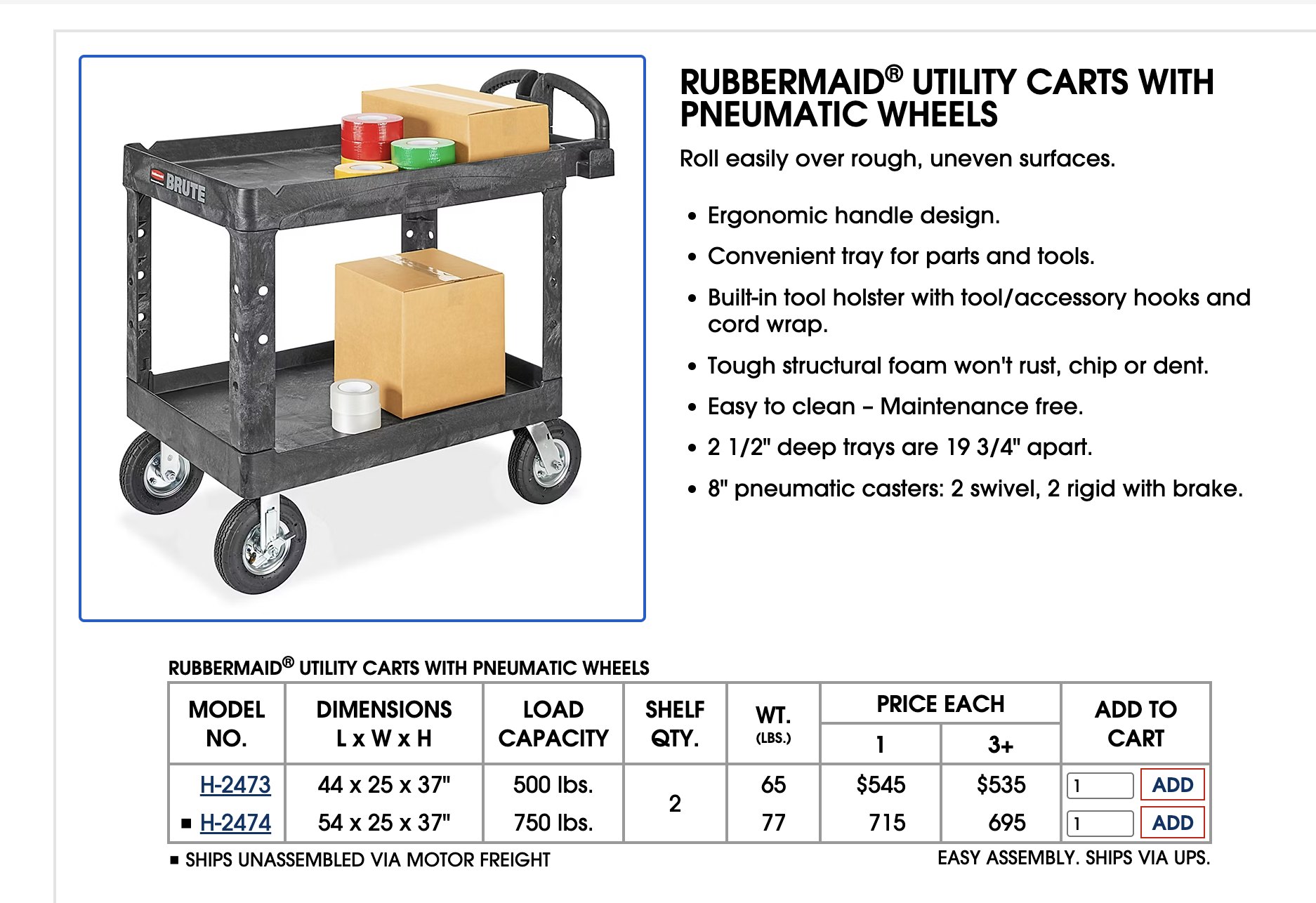 Rubbermaid utility carts with pneumatic wheels, listing showing the 44-inch and 54-inch sizes